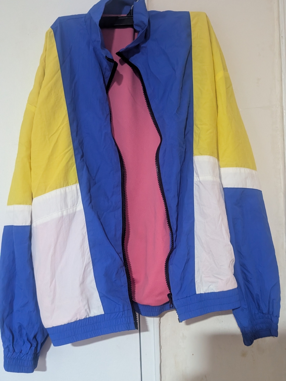 Colorblock Windbreaker Jacket in Blue, Yellow, White with Pink Liner